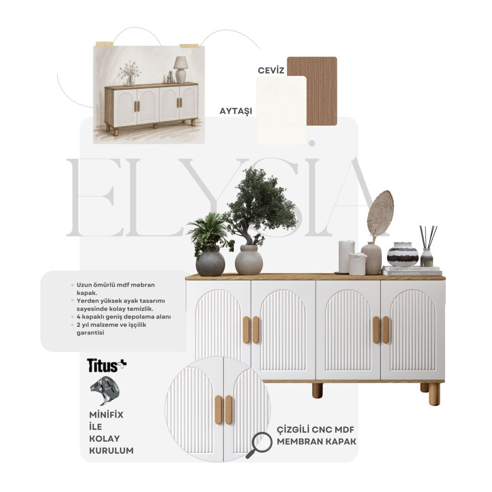 Elysia Bohem Konsol 4 Kapaklı MDF Mebran Kapak 160 cm Modern Salon Konsolu Aytaşı Ceviz