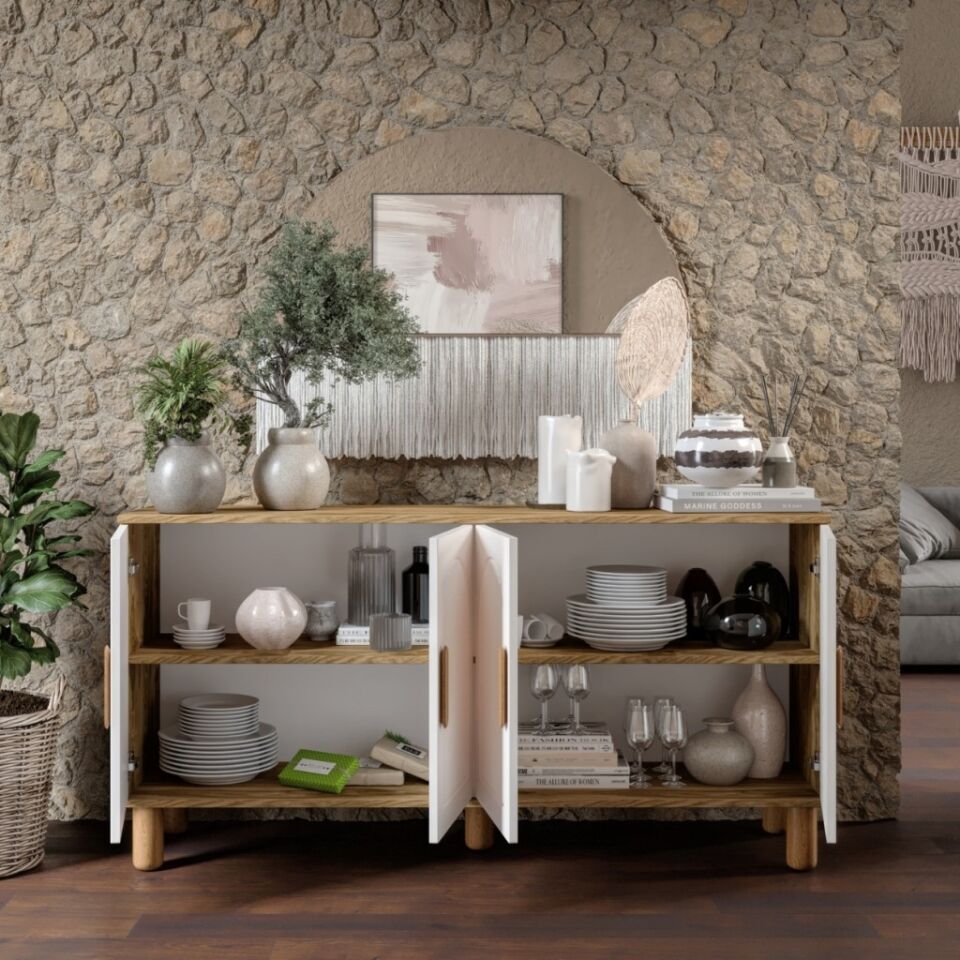 Elysia Bohem Konsol 4 Kapaklı MDF Mebran Kapak 160 cm Modern Salon Konsolu Aytaşı Ceviz