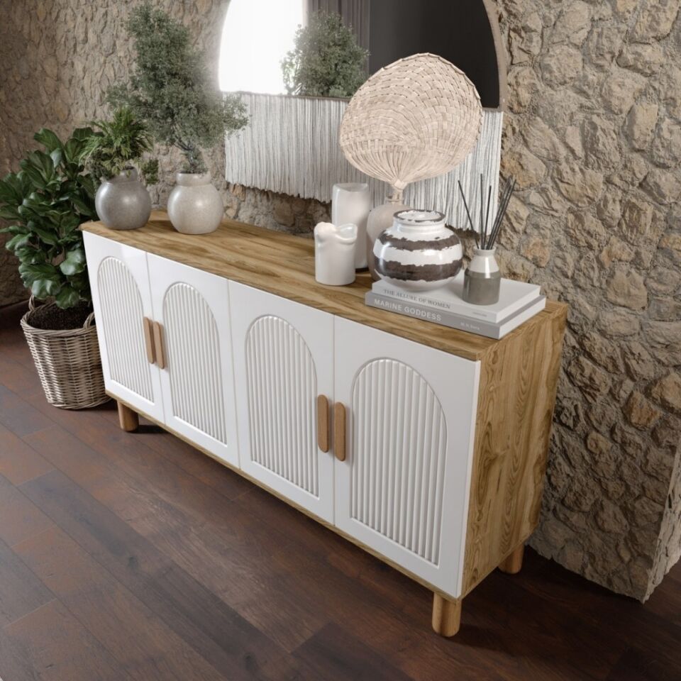 Elysia Bohem Konsol 4 Kapaklı MDF Mebran Kapak 160 cm Modern Salon Konsolu Aytaşı Ceviz