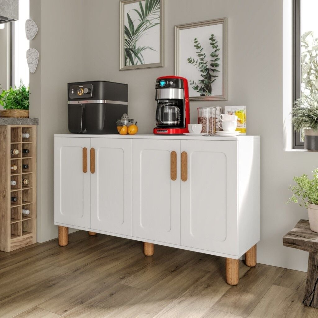 Flora FLR4120 Bohem Kahve Köşesi 4 Kapaklı MDF Mebran Kapaklı Mutfak Dolabı Çok Amaçlı Dolap Beyaz