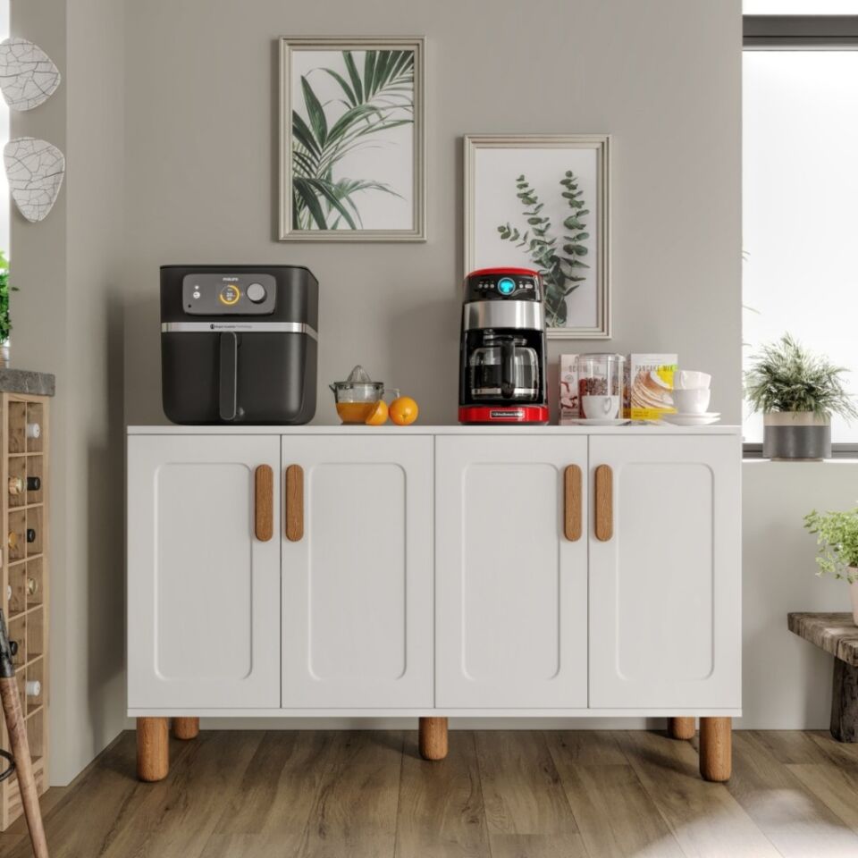 Flora FLR4120 Bohem Kahve Köşesi 4 Kapaklı MDF Mebran Kapaklı Mutfak Dolabı Çok Amaçlı Dolap Beyaz