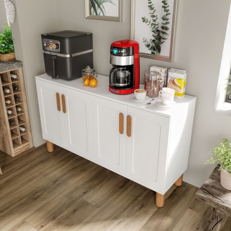 Flora FLR4120 Bohem Kahve Köşesi 4 Kapaklı MDF Mebran Kapaklı Mutfak Dolabı Çok Amaçlı Dolap Beyaz