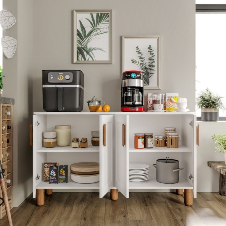 Flora FLR4120 Bohem Kahve Köşesi 4 Kapaklı MDF Mebran Kapaklı Mutfak Dolabı Çok Amaçlı Dolap Beyaz
