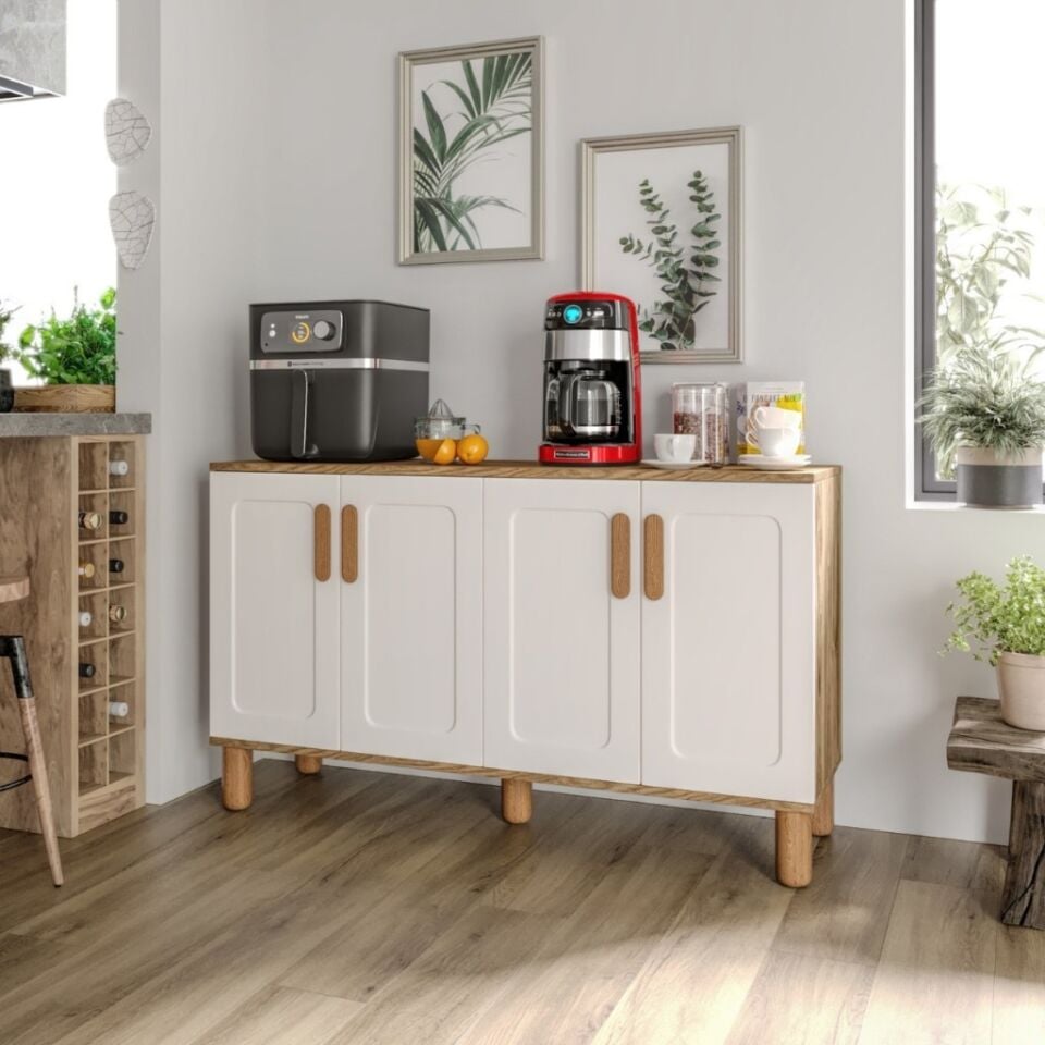 Flora FLR4120 Bohem Kahve Köşesi 4 Kapaklı MDF Mebran Kapaklı Mutfak Dolabı Çok Amaçlı Dolap Aytaşı Ceviz