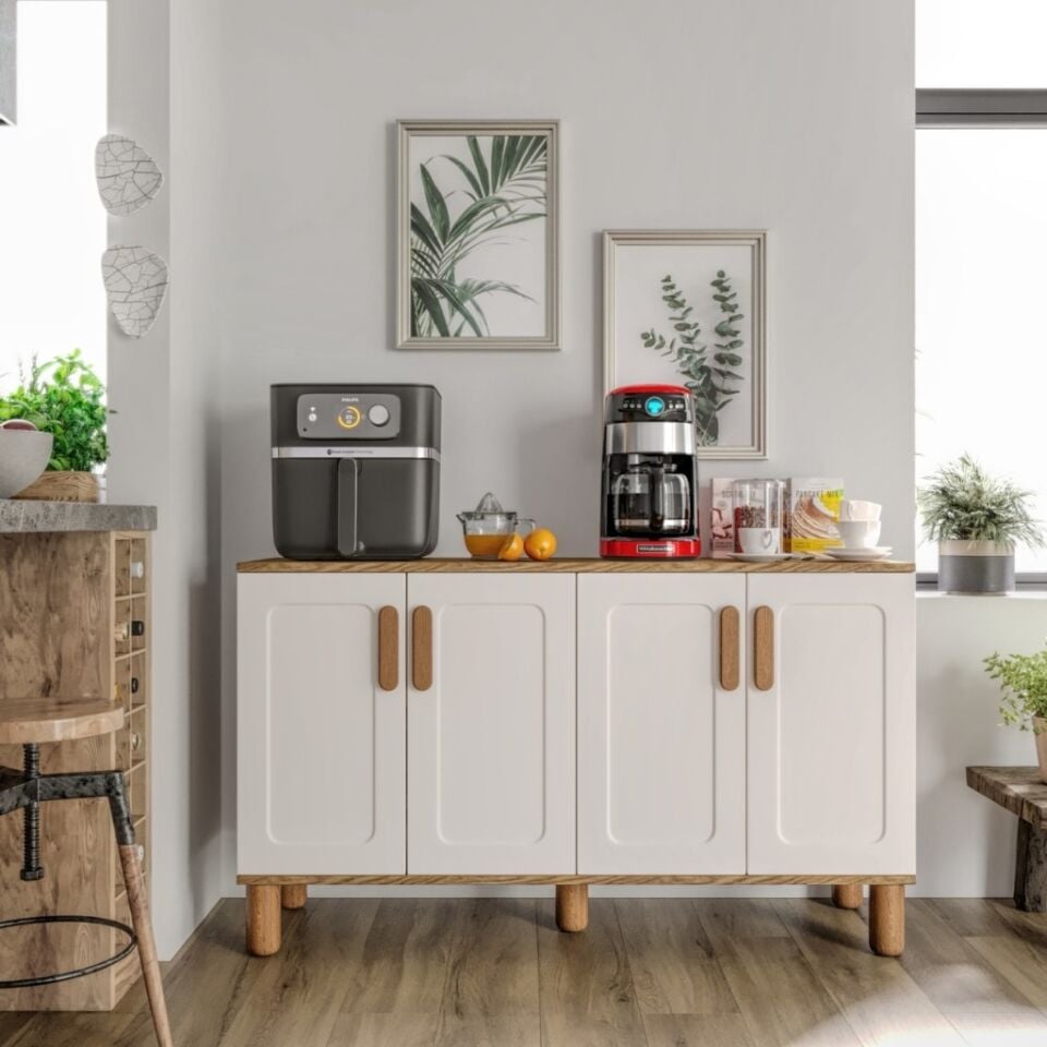 Flora FLR4120 Bohem Kahve Köşesi 4 Kapaklı MDF Mebran Kapaklı Mutfak Dolabı Çok Amaçlı Dolap Aytaşı Ceviz