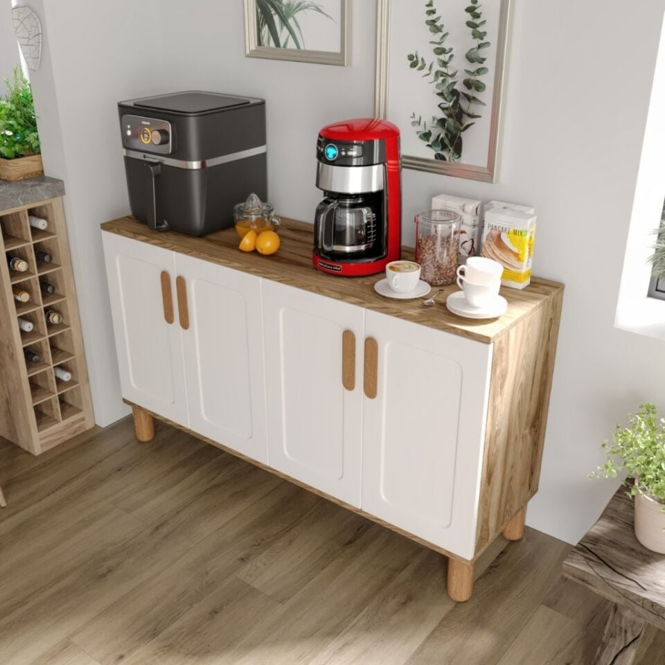 Flora FLR4120 Bohem Kahve Köşesi 4 Kapaklı MDF Mebran Kapaklı Mutfak Dolabı Çok Amaçlı Dolap Aytaşı Ceviz