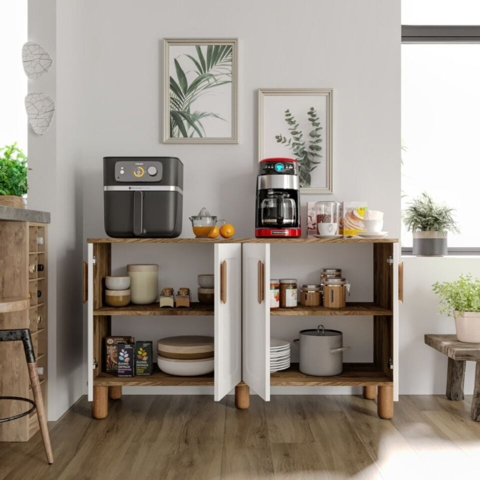 Flora FLR4120 Bohem Kahve Köşesi 4 Kapaklı MDF Mebran Kapaklı Mutfak Dolabı Çok Amaçlı Dolap Aytaşı Ceviz