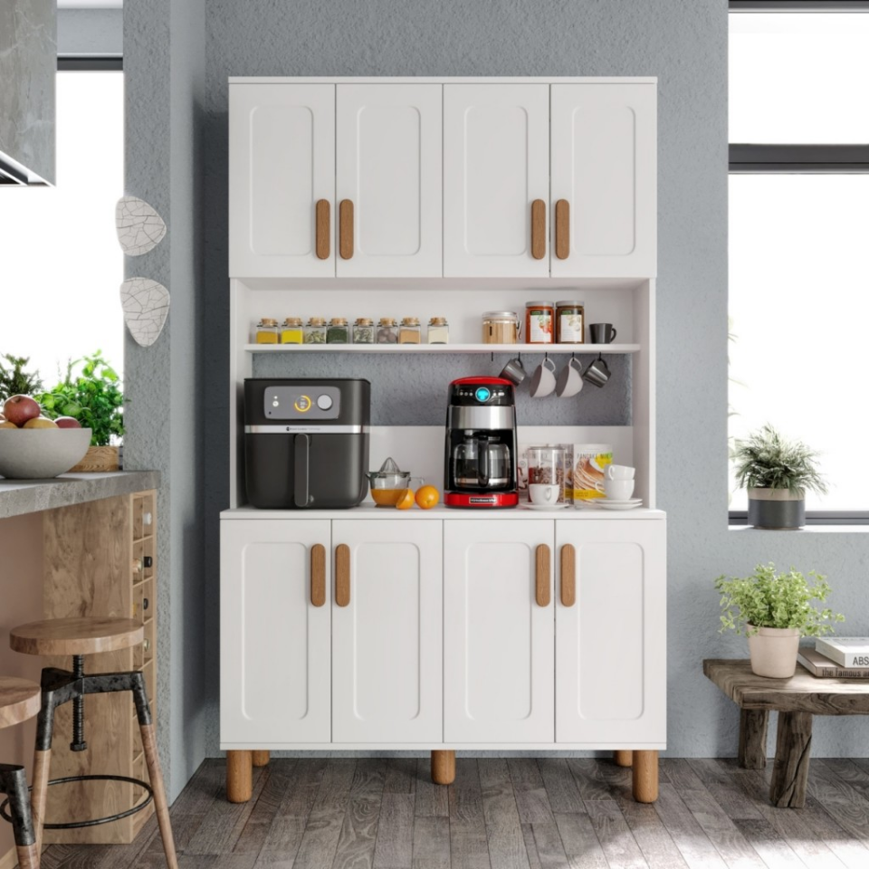 Flora FLR8120 Bohem Kahve Köşesi 8 Kapaklı MDF Mebran Kapaklı Mutfak Dolabı Çok Amaçlı Dolap Beyaz