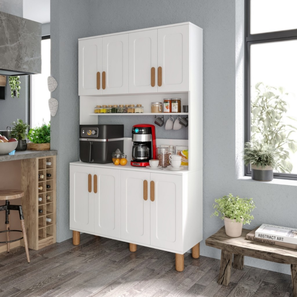 Flora FLR8120 Bohem Kahve Köşesi 8 Kapaklı MDF Mebran Kapaklı Mutfak Dolabı Çok Amaçlı Dolap Beyaz