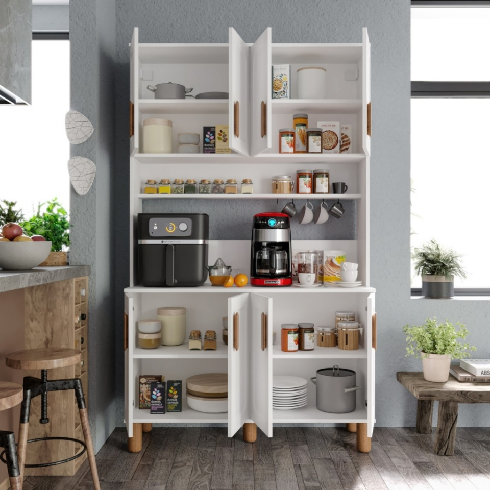 Flora FLR8120 Bohem Kahve Köşesi 8 Kapaklı MDF Mebran Kapaklı Mutfak Dolabı Çok Amaçlı Dolap Beyaz