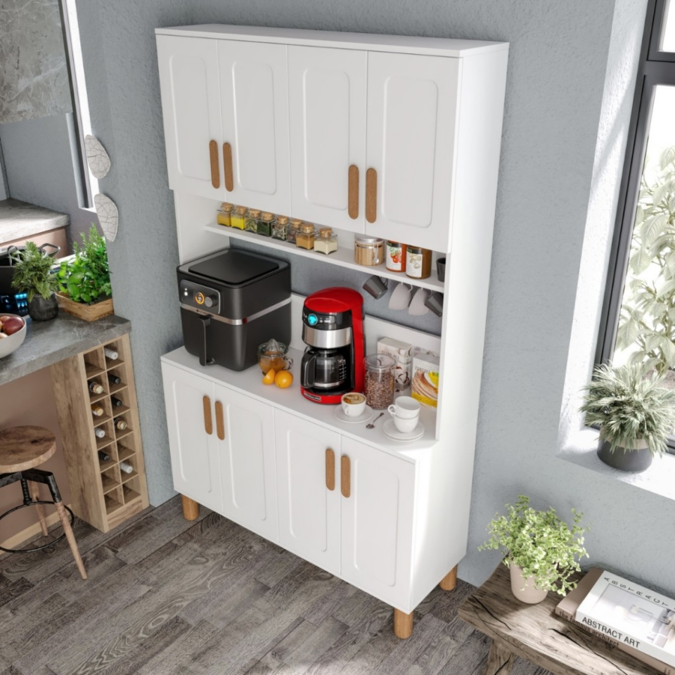 Flora FLR8120 Bohem Kahve Köşesi 8 Kapaklı MDF Mebran Kapaklı Mutfak Dolabı Çok Amaçlı Dolap Beyaz