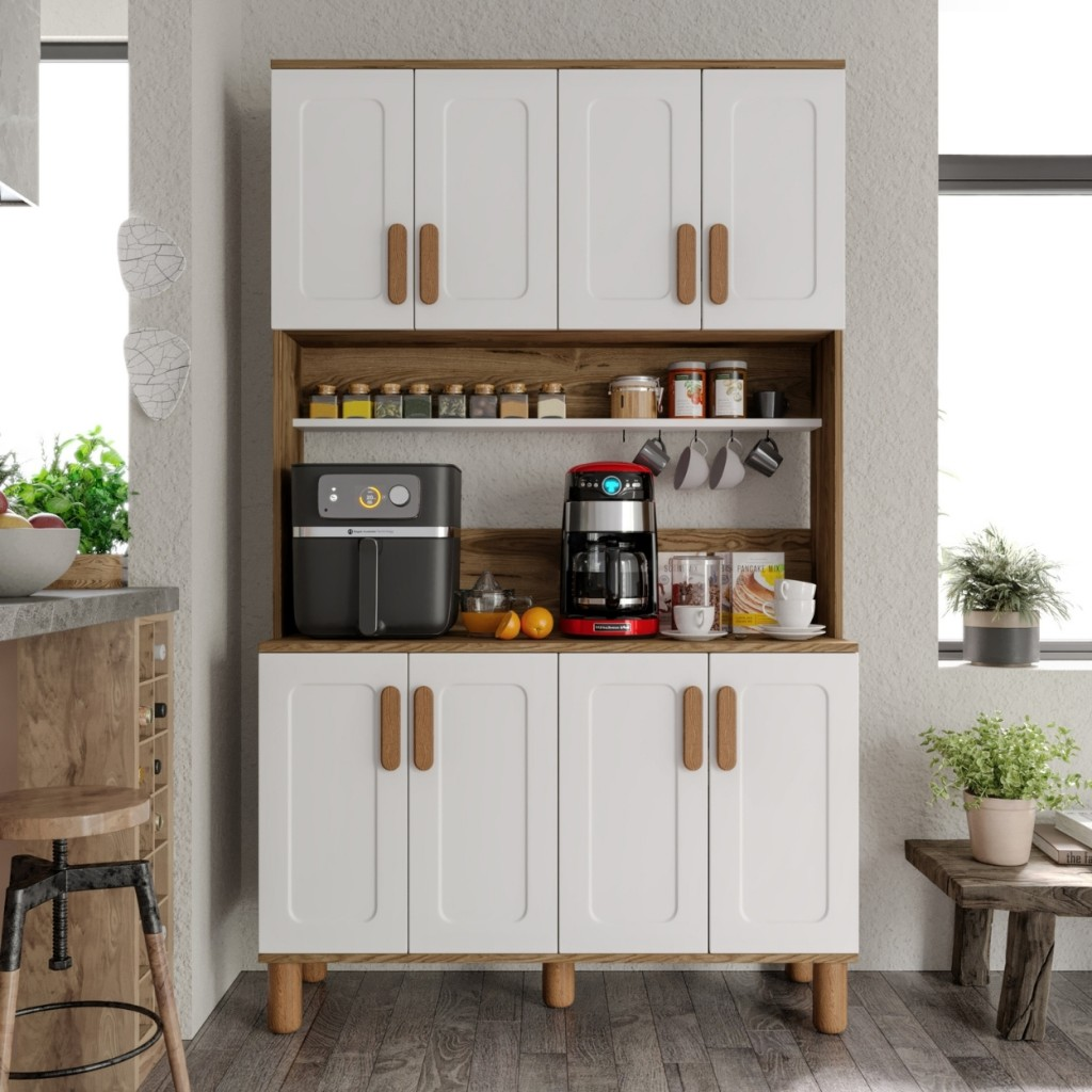 Flora FLR8120 Bohem Kahve Köşesi 8 Kapaklı MDF Mebran Kapaklı Mutfak Dolabı Çok Amaçlı Dolap Aytaşı Ceviz