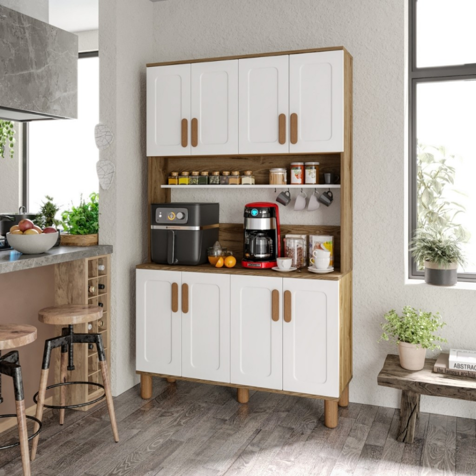 Flora FLR8120 Bohem Kahve Köşesi 8 Kapaklı MDF Mebran Kapaklı Mutfak Dolabı Çok Amaçlı Dolap Aytaşı Ceviz