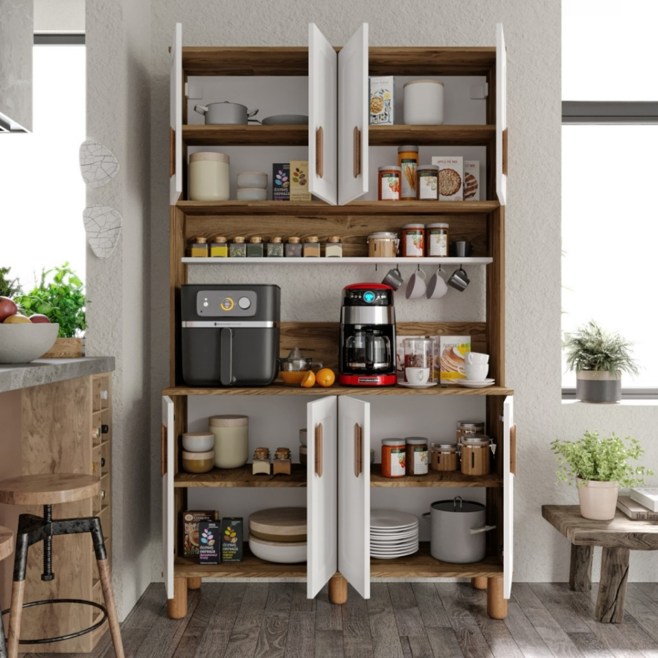 Flora FLR8120 Bohem Kahve Köşesi 8 Kapaklı MDF Mebran Kapaklı Mutfak Dolabı Çok Amaçlı Dolap Aytaşı Ceviz