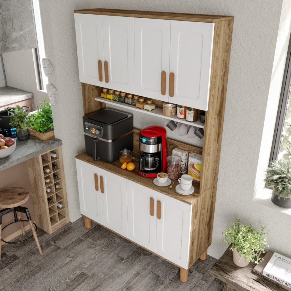 Flora FLR8120 Bohem Kahve Köşesi 8 Kapaklı MDF Mebran Kapaklı Mutfak Dolabı Çok Amaçlı Dolap Aytaşı Ceviz