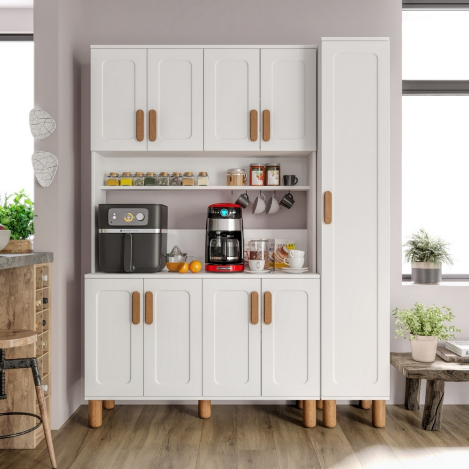 Flora FLR9155 Bohem Kahve Köşesi 9 Kapaklı MDF Mebran Kapaklı Mutfak Dolabı Çok Amaçlı Dolap Beyaz