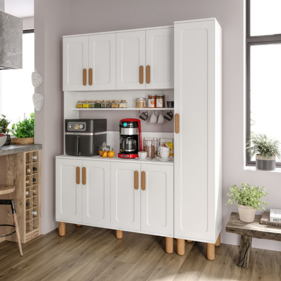 Flora FLR9155 Bohem Kahve Köşesi 9 Kapaklı MDF Mebran Kapaklı Mutfak Dolabı Çok Amaçlı Dolap Beyaz