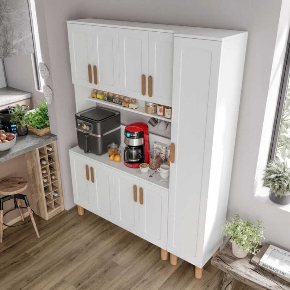 Flora FLR9155 Bohem Kahve Köşesi 9 Kapaklı MDF Mebran Kapaklı Mutfak Dolabı Çok Amaçlı Dolap Beyaz