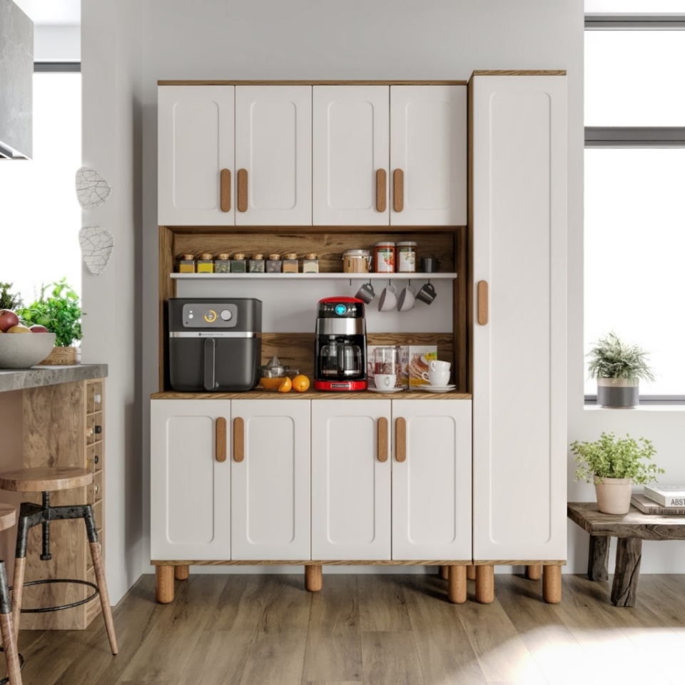 Flora FLR9155 Bohem Kahve Köşesi 9 Kapaklı MDF Mebran Kapaklı Mutfak Dolabı Çok Amaçlı Dolap Aytaşı Ceviz