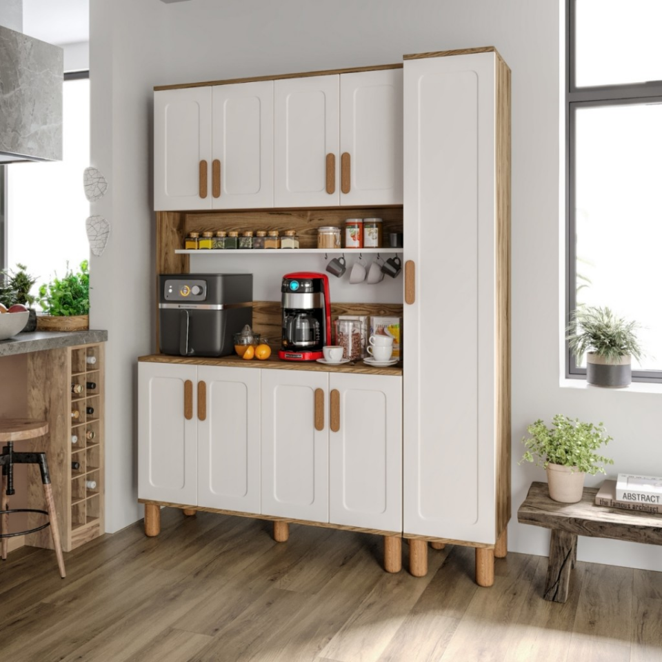 Flora FLR9155 Bohem Kahve Köşesi 9 Kapaklı MDF Mebran Kapaklı Mutfak Dolabı Çok Amaçlı Dolap Aytaşı Ceviz