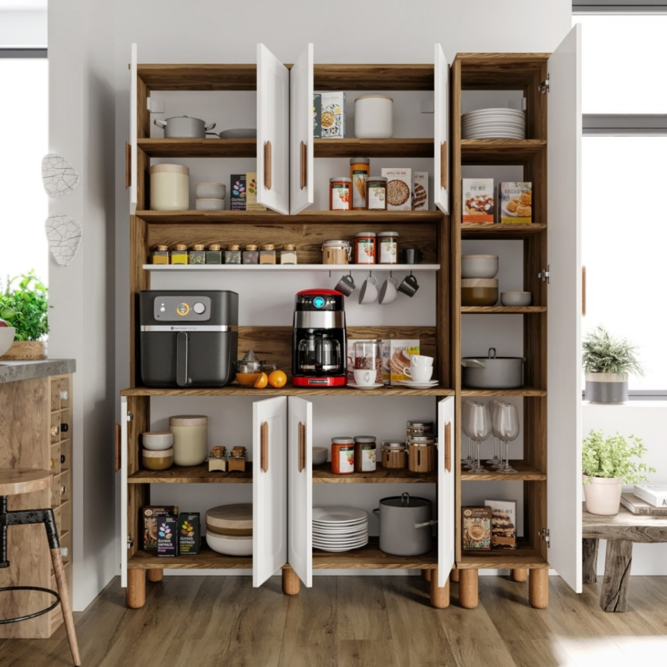 Flora FLR9155 Bohem Kahve Köşesi 9 Kapaklı MDF Mebran Kapaklı Mutfak Dolabı Çok Amaçlı Dolap Aytaşı Ceviz