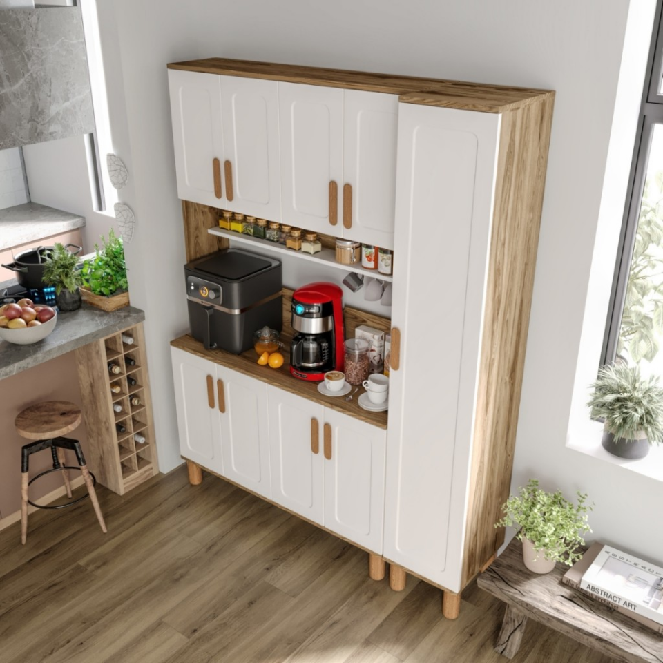 Flora FLR9155 Bohem Kahve Köşesi 9 Kapaklı MDF Mebran Kapaklı Mutfak Dolabı Çok Amaçlı Dolap Aytaşı Ceviz