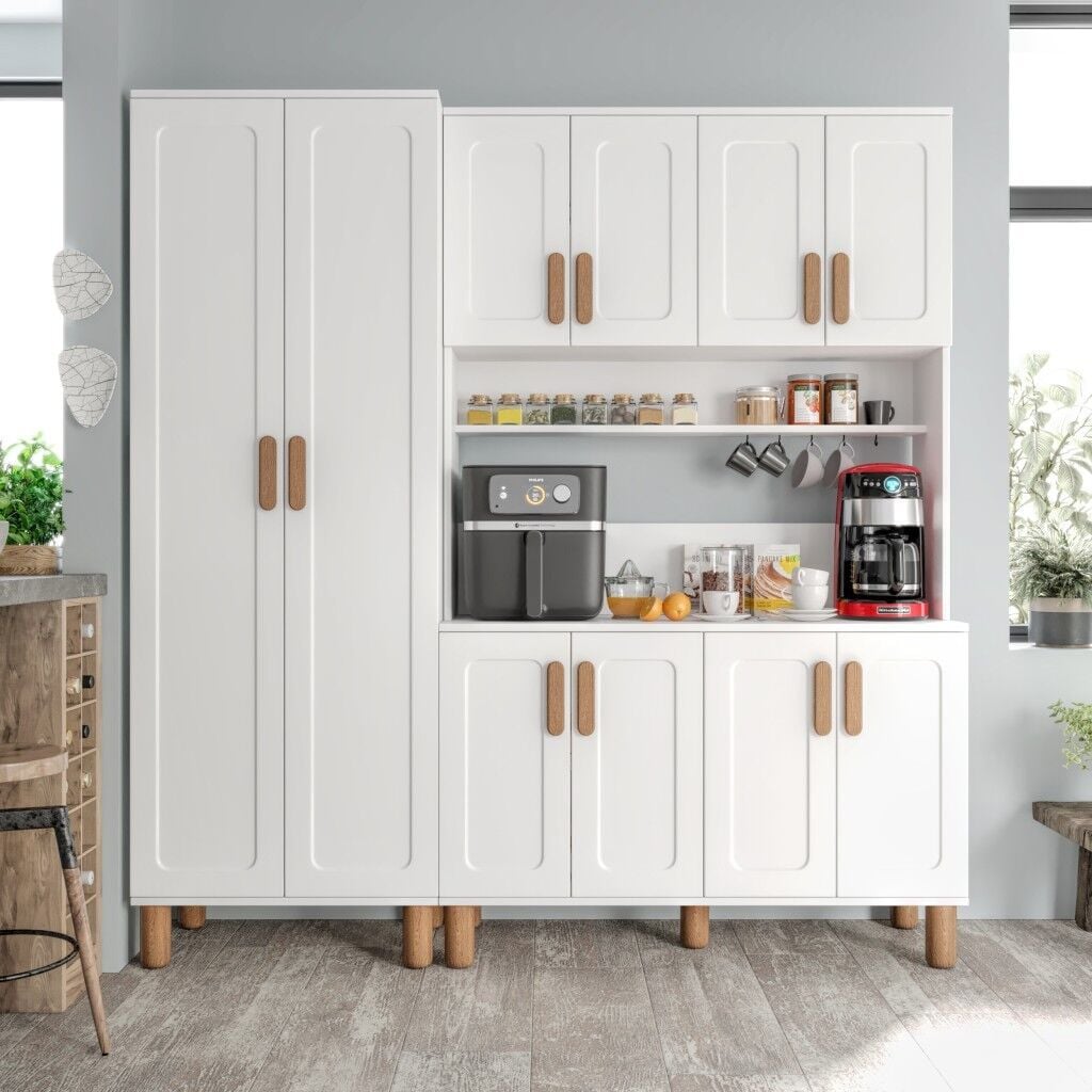 Flora FLR10190 Bohem Kahve Köşesi 10 Kapaklı MDF Mebran Kapaklı Mutfak Dolabı Çok Amaçlı Dolap Beyaz