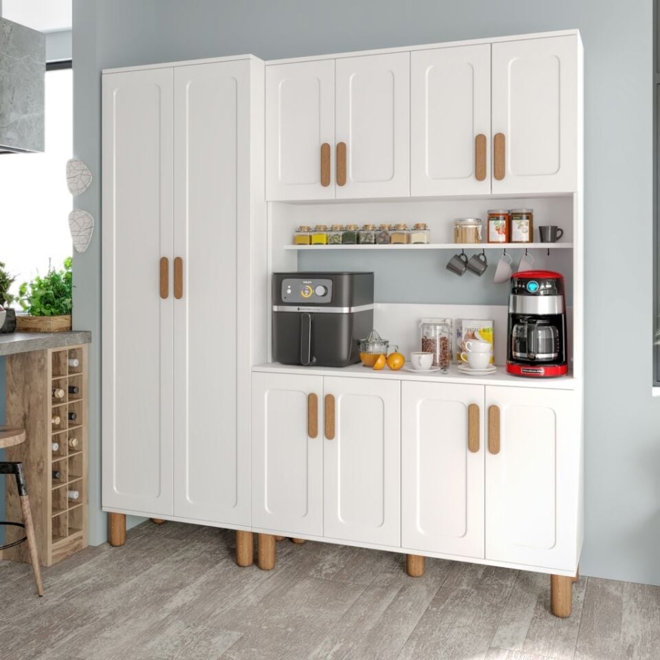 Flora FLR10190 Bohem Kahve Köşesi 10 Kapaklı MDF Mebran Kapaklı Mutfak Dolabı Çok Amaçlı Dolap Beyaz