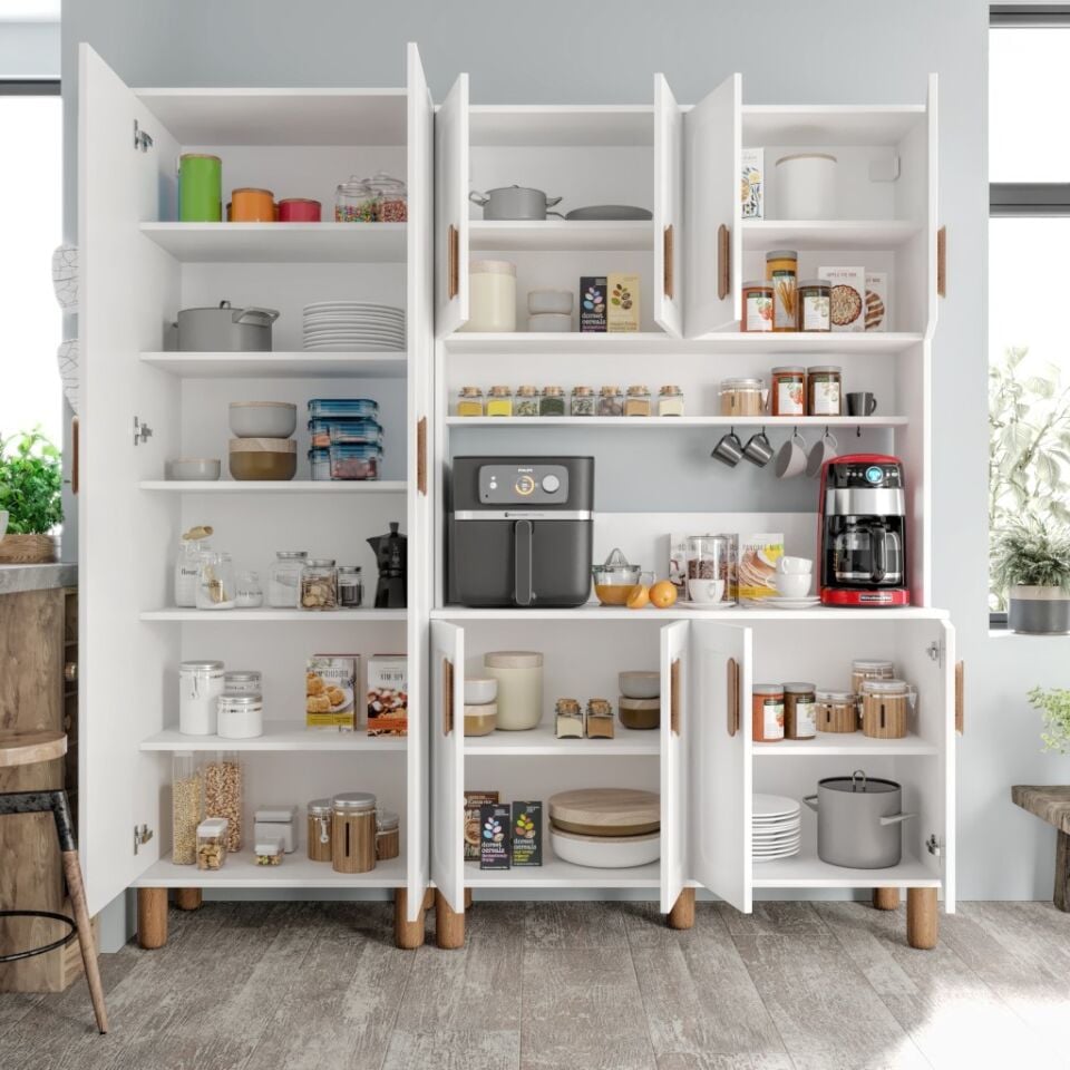Flora FLR10190 Bohem Kahve Köşesi 10 Kapaklı MDF Mebran Kapaklı Mutfak Dolabı Çok Amaçlı Dolap Beyaz