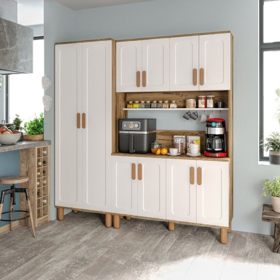 Flora FLR10190 Bohem Kahve Köşesi 10 Kapaklı MDF Mebran Kapaklı Mutfak Dolabı Çok Amaçlı Dolap Aytaşı Ceviz