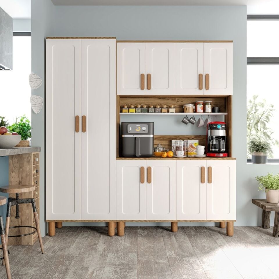 Flora FLR10190 Bohem Kahve Köşesi 10 Kapaklı MDF Mebran Kapaklı Mutfak Dolabı Çok Amaçlı Dolap Aytaşı Ceviz