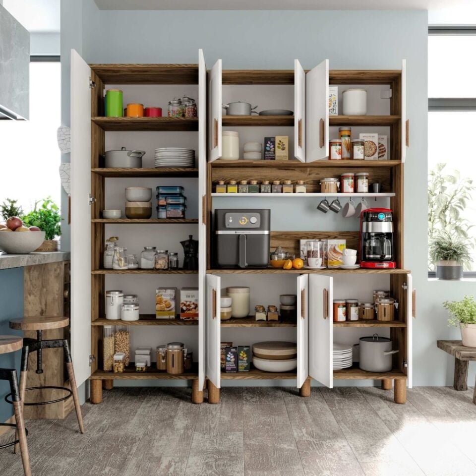 Flora FLR10190 Bohem Kahve Köşesi 10 Kapaklı MDF Mebran Kapaklı Mutfak Dolabı Çok Amaçlı Dolap Aytaşı Ceviz