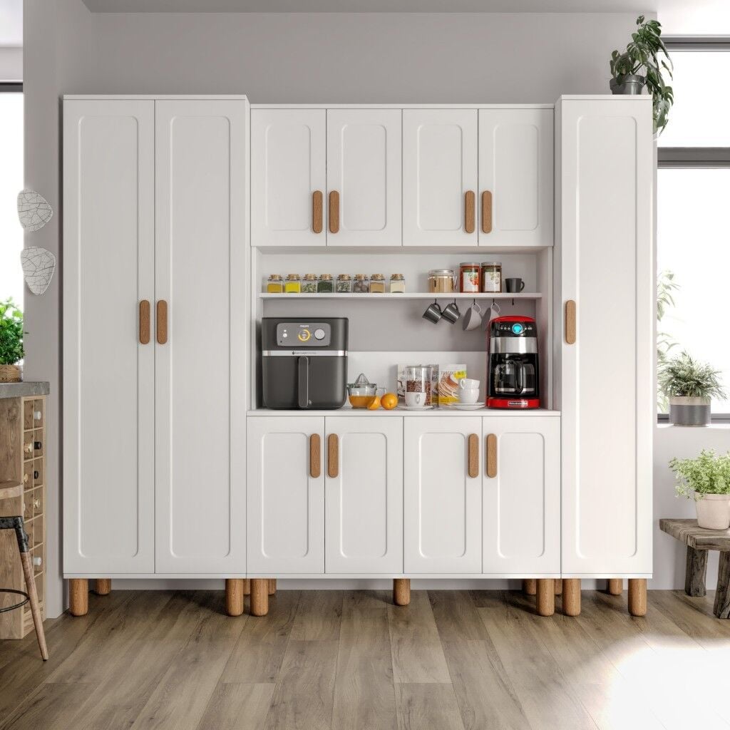 Flora FLR11225 Bohem Kahve Köşesi 11 Kapaklı MDF Mebran Kapaklı Mutfak Dolabı Çok Amaçlı Dolap Beyaz