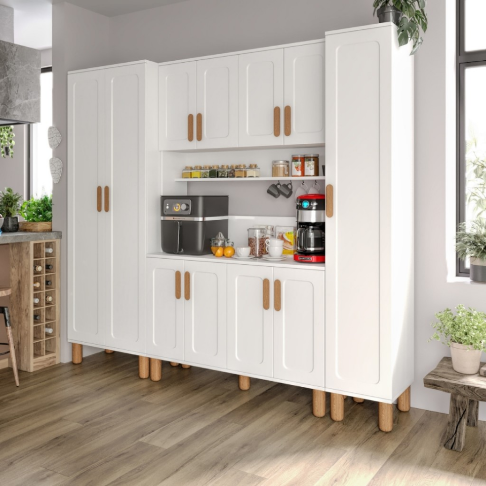 Flora FLR11225 Bohem Kahve Köşesi 11 Kapaklı MDF Mebran Kapaklı Mutfak Dolabı Çok Amaçlı Dolap Beyaz