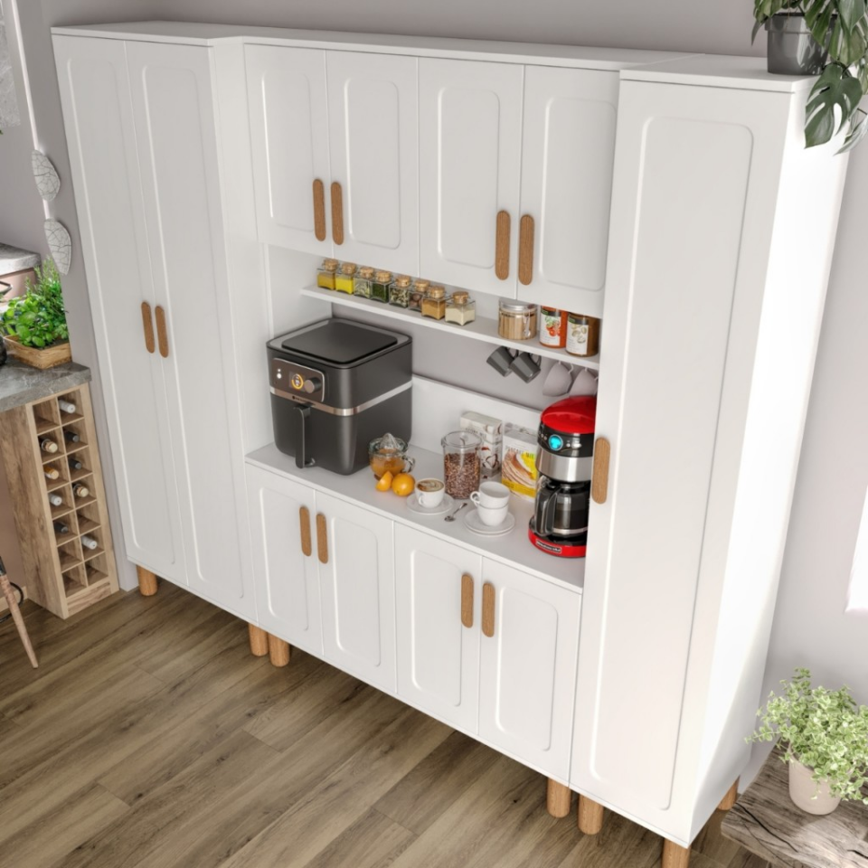 Flora FLR11225 Bohem Kahve Köşesi 11 Kapaklı MDF Mebran Kapaklı Mutfak Dolabı Çok Amaçlı Dolap Beyaz