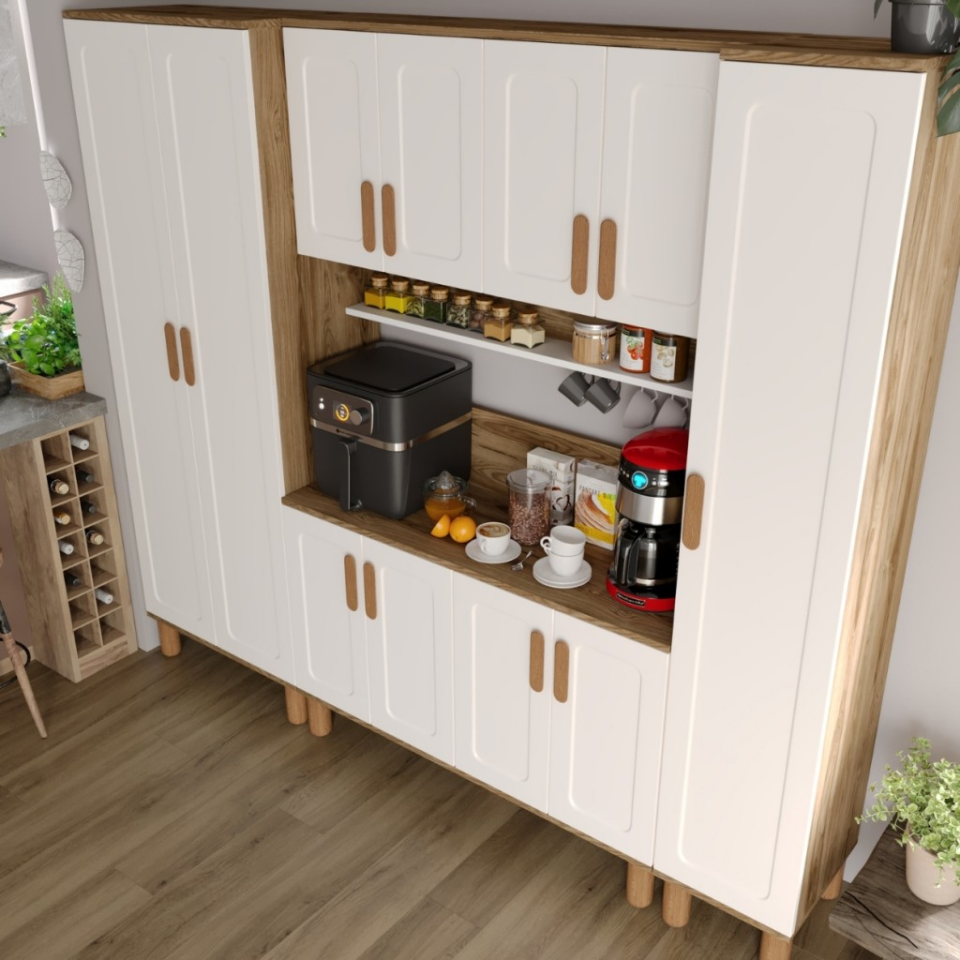 Flora FLR11225 Bohem Kahve Köşesi 11 Kapaklı MDF Mebran Kapaklı Mutfak Dolabı Çok Amaçlı Dolap Aytaşı Ceviz