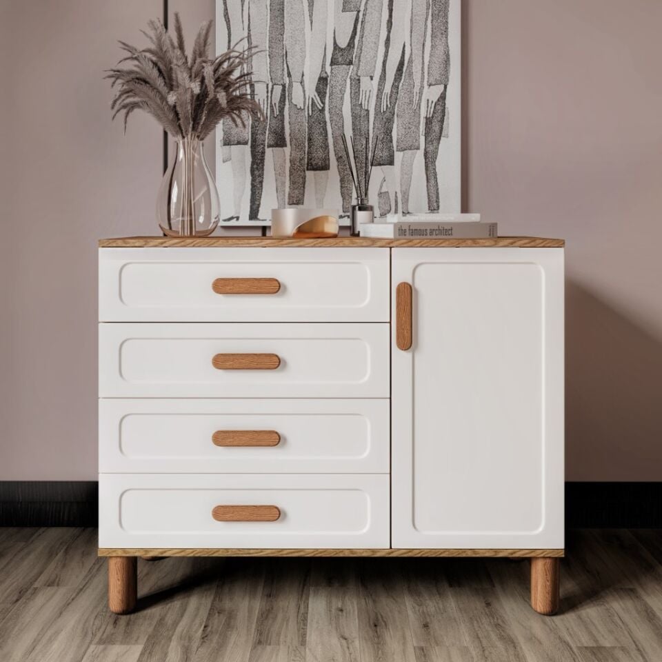 Flora Bohem Serisi 4 Çekmeceli 1 Kapaklı Şifonyer Modern Tasarım Mdf Mebran Kapak Aytaşı Ceviz 95x90