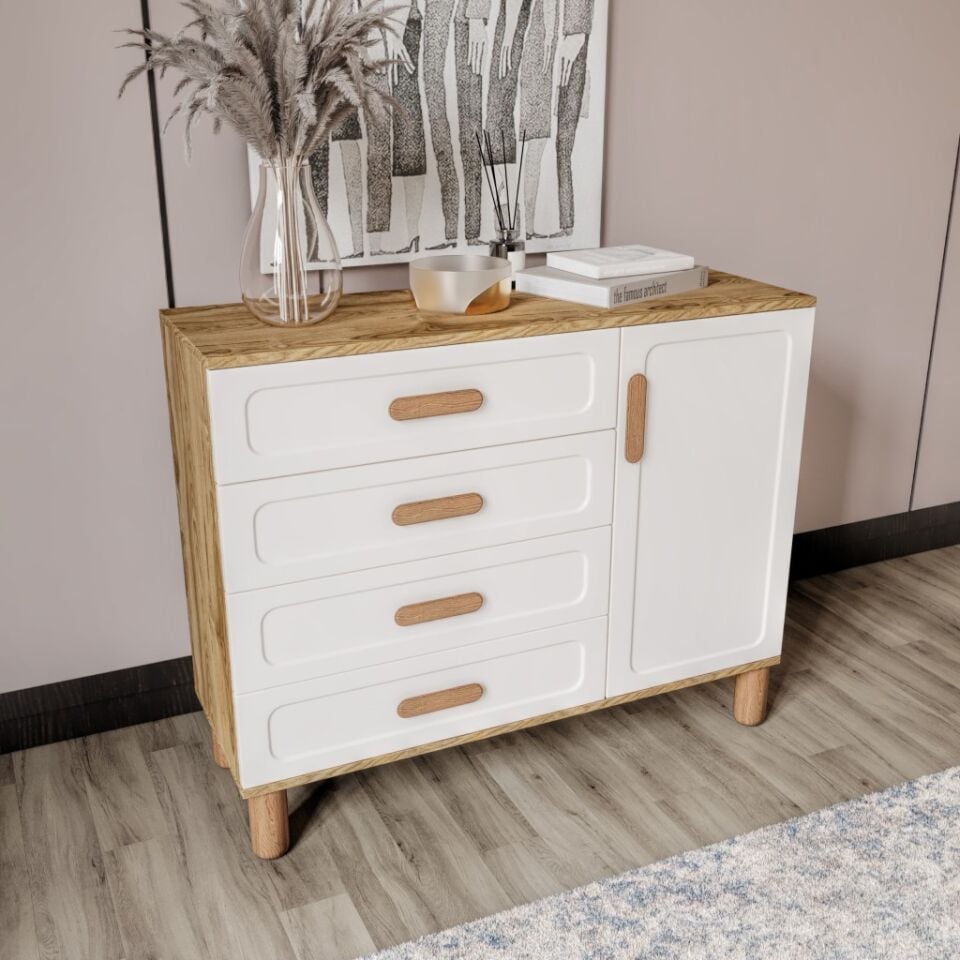 Flora Bohem Serisi 4 Çekmeceli 1 Kapaklı Şifonyer Modern Tasarım Mdf Mebran Kapak Aytaşı Ceviz 95x90