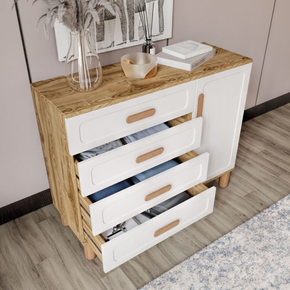 Flora Bohem Serisi 4 Çekmeceli 1 Kapaklı Şifonyer Modern Tasarım Mdf Mebran Kapak Aytaşı Ceviz 95x90