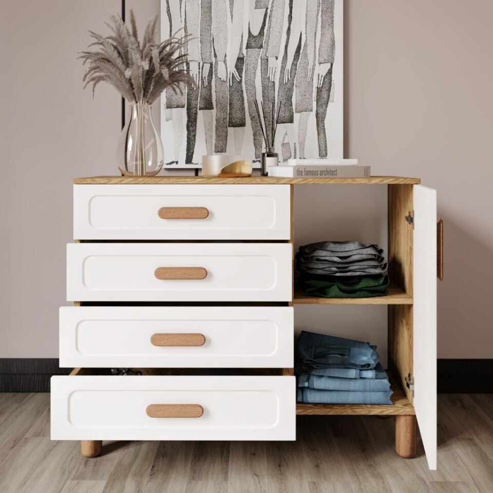 Flora Bohem Serisi 4 Çekmeceli 1 Kapaklı Şifonyer Modern Tasarım Mdf Mebran Kapak Aytaşı Ceviz 95x90