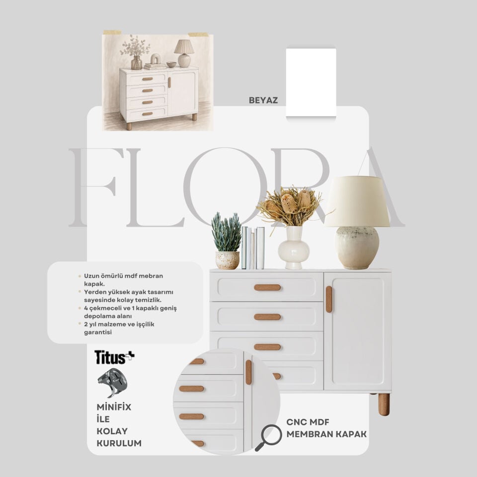 Flora Bohem Serisi 4 Çekmeceli 1 Kapaklı Şifonyer Modern Tasarım Mdf Mebran Kapak Beyaz 95x90