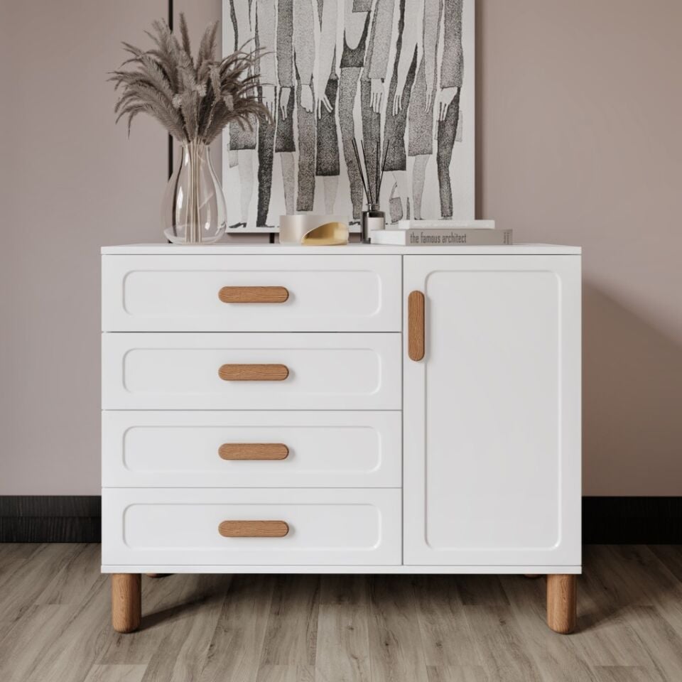Flora Bohem Serisi 4 Çekmeceli 1 Kapaklı Şifonyer Modern Tasarım Mdf Mebran Kapak Beyaz 95x90