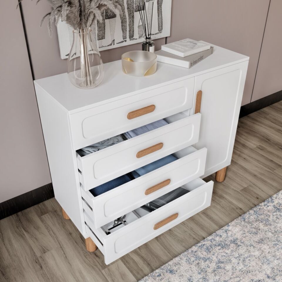 Flora Bohem Serisi 4 Çekmeceli 1 Kapaklı Şifonyer Modern Tasarım Mdf Mebran Kapak Beyaz 95x90