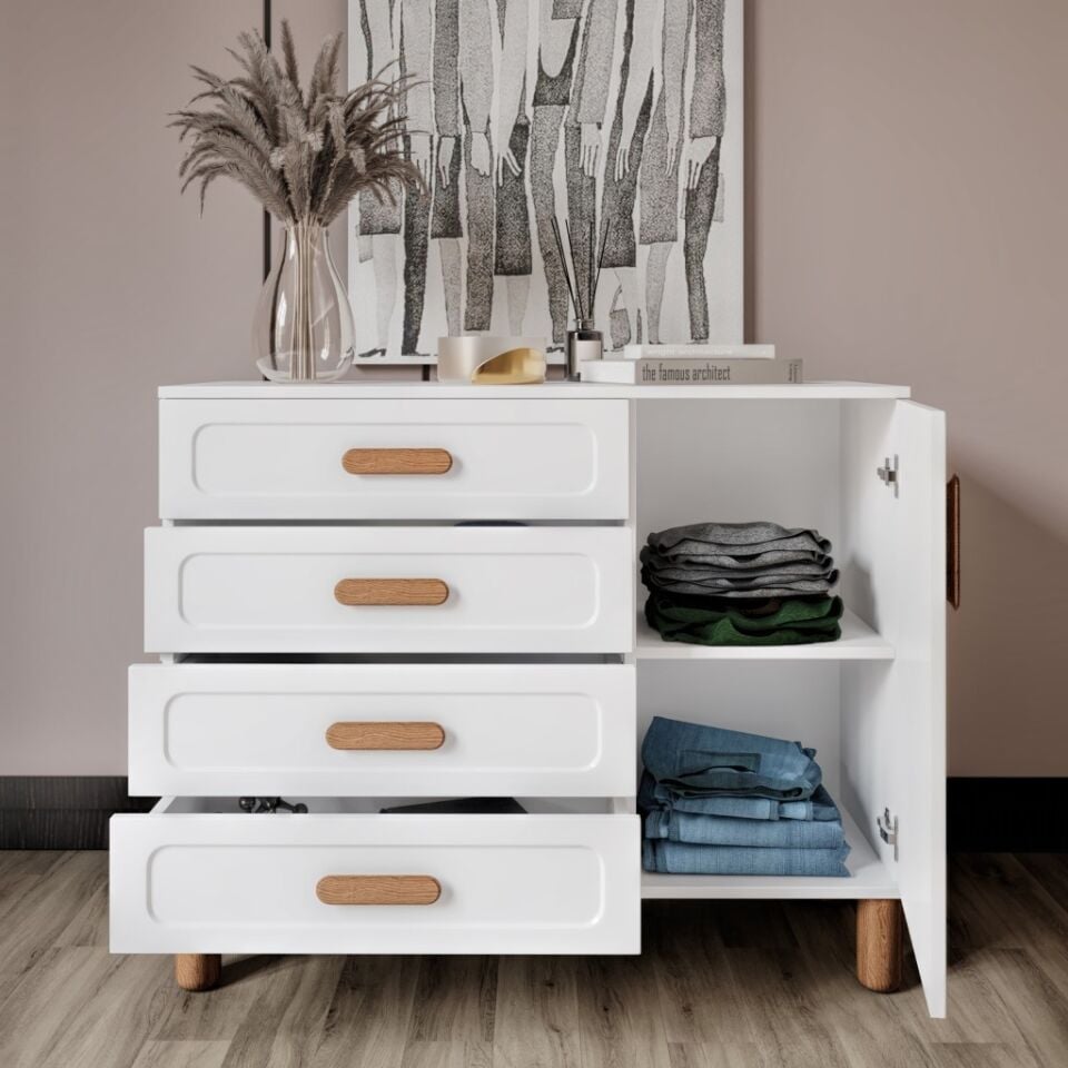 Flora Bohem Serisi 4 Çekmeceli 1 Kapaklı Şifonyer Modern Tasarım Mdf Mebran Kapak Beyaz 95x90