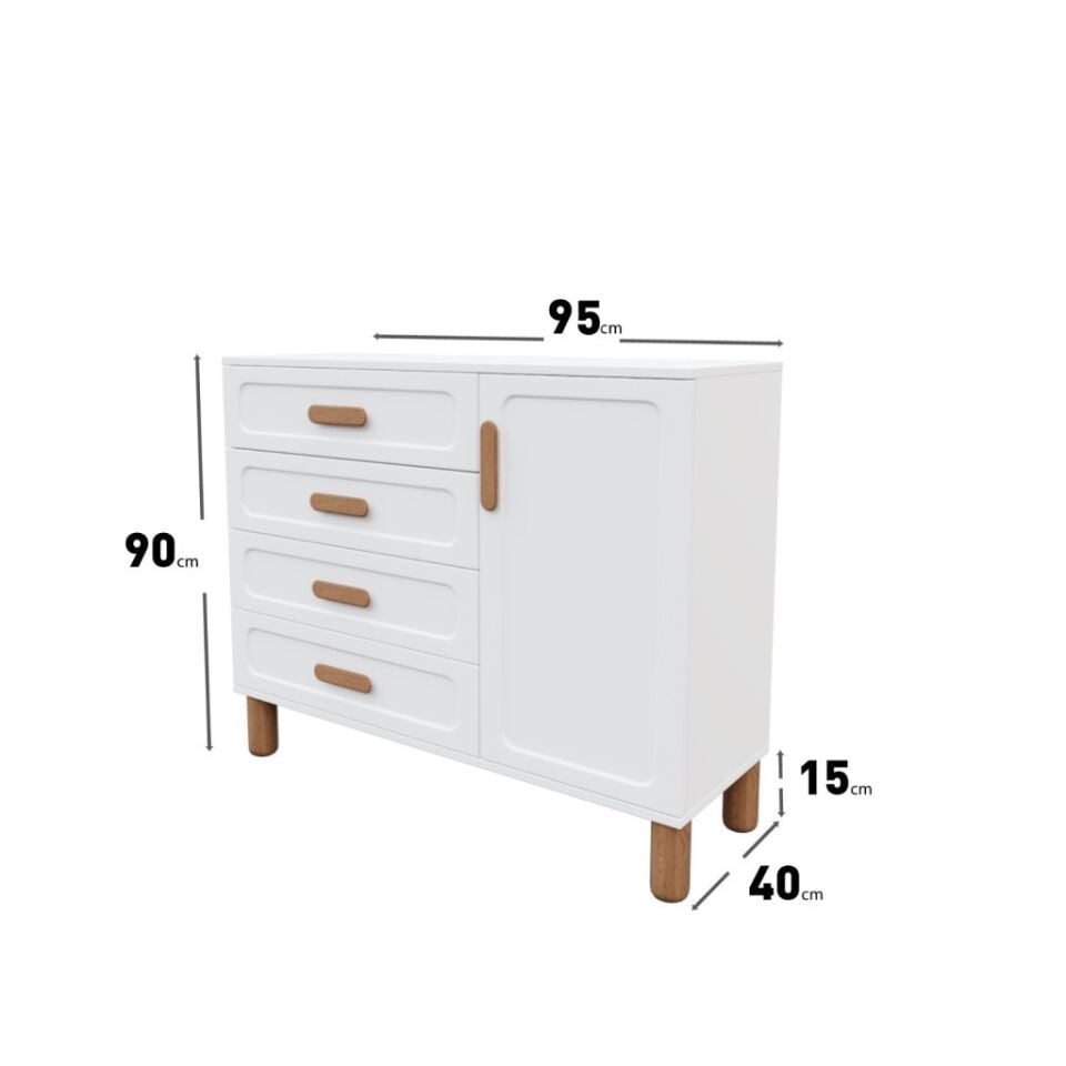 Flora Bohem Serisi 4 Çekmeceli 1 Kapaklı Şifonyer Modern Tasarım Mdf Mebran Kapak Beyaz 95x90