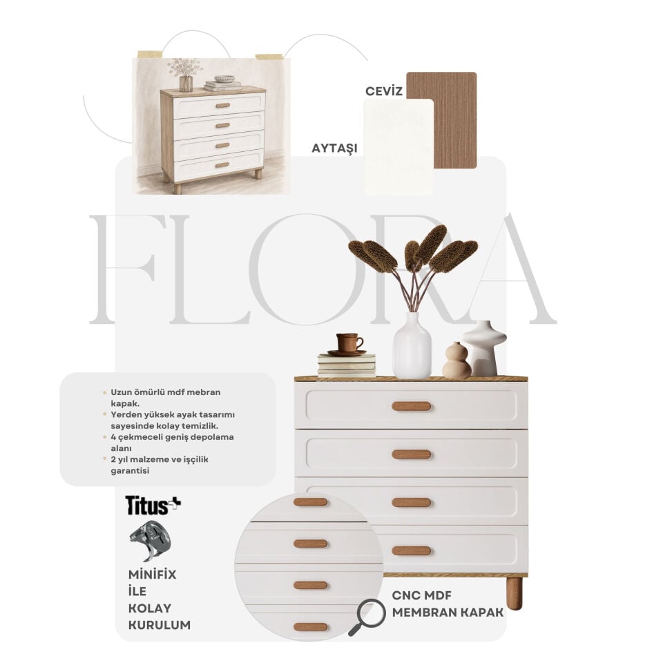 Flora Bohem Serisi 4 Çekmeceli Şifonyer Mdf Mebran Kapaklı Ceviz Aytaşı 90x90 cm