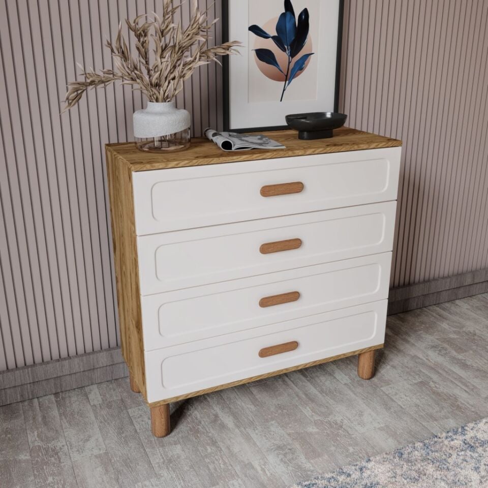 Flora Bohem Serisi 4 Çekmeceli Şifonyer Mdf Mebran Kapaklı Ceviz Aytaşı 90x90 cm