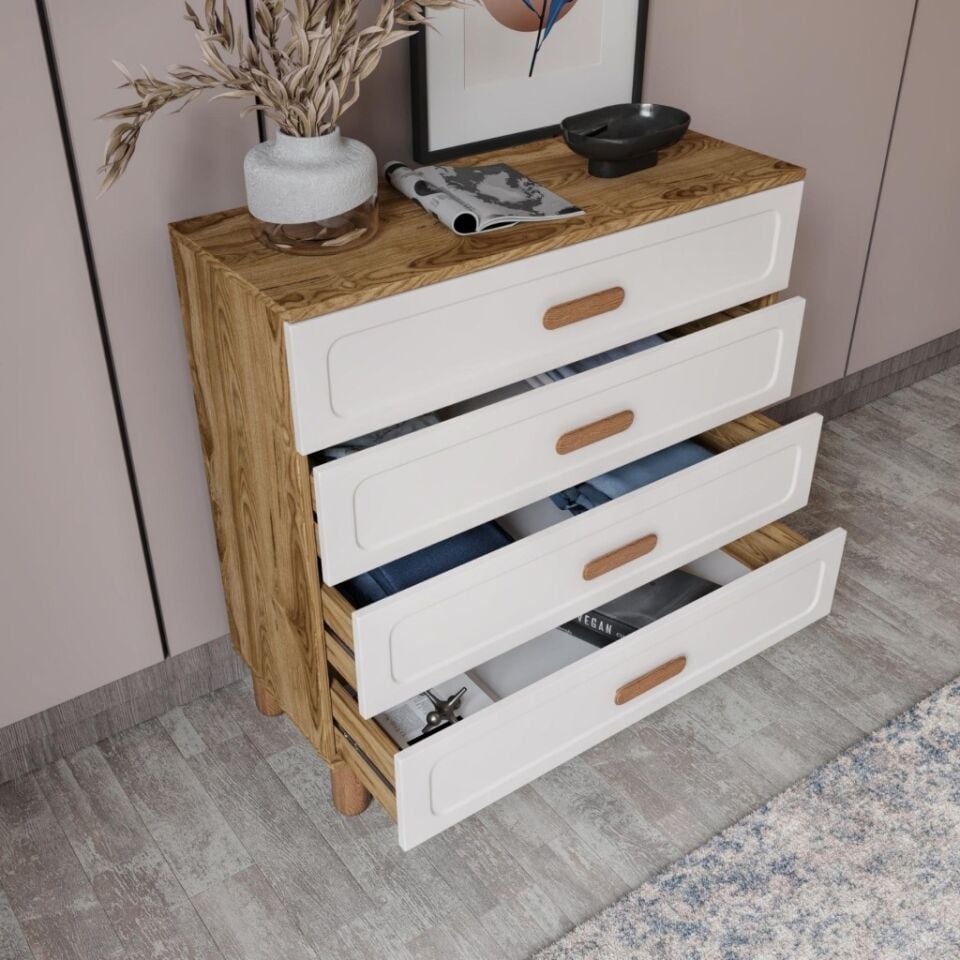 Flora Bohem Serisi 4 Çekmeceli Şifonyer Mdf Mebran Kapaklı Ceviz Aytaşı 90x90 cm