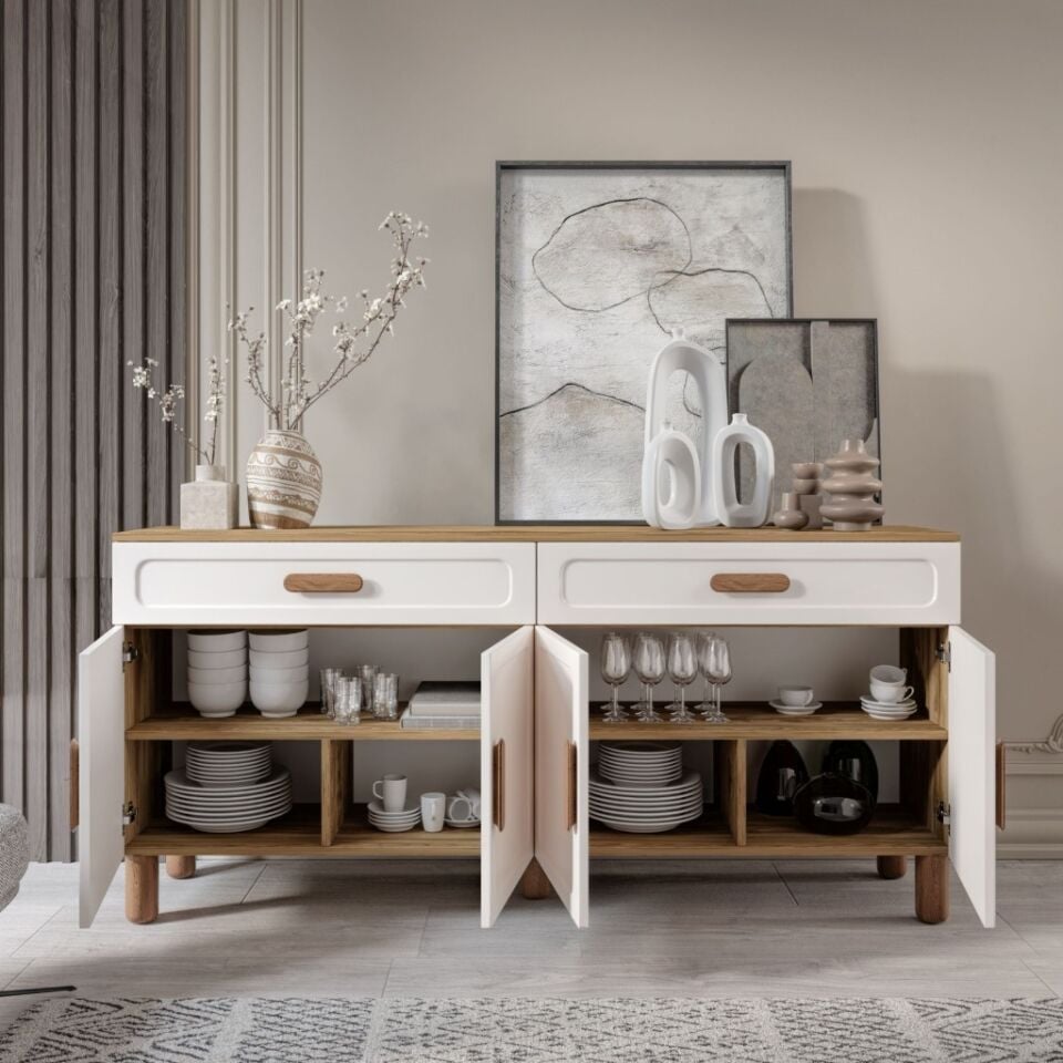 Flora Bohem Serisi 4 Kapaklı 2 Çekmeceli Salon Konsolu Büfe Aytaşı Ceviz 180x84 cm