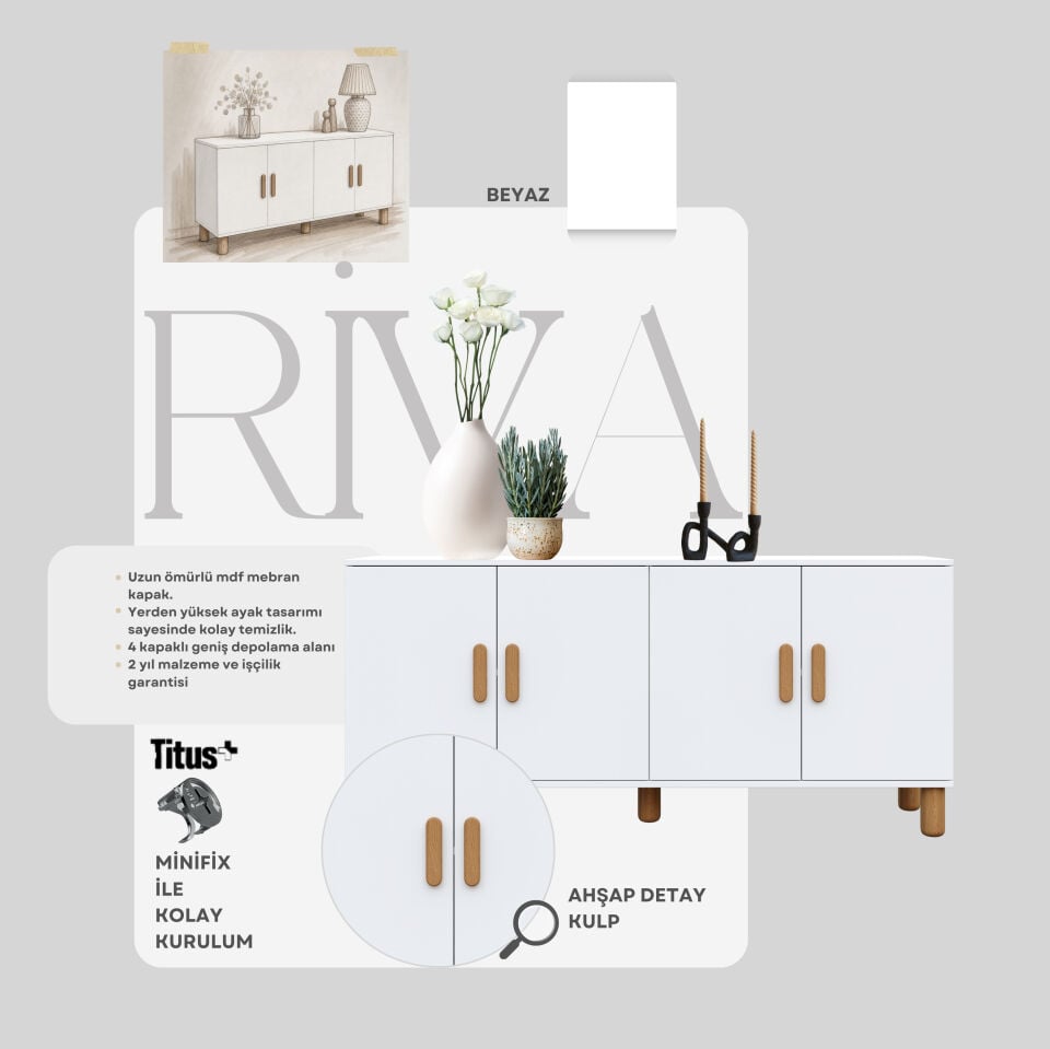 Bohem Serisi Riva Modern 160 cm 4 Kapaklı Salon Konsolu - Beyaz